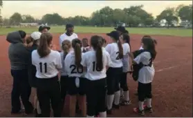  ?? COURTESY — SARAH HALL ?? One of the Lorain Girls of Summer Softball League coaches JayDee speaking with his team.