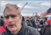  ?? BEN FOX — THE ASSOCIATED PRESS ?? This image from video shows Vincent Gillespie on the grounds of the U.S. Capitol in Washington, where prosecutor­s say he was among a rioting mob trying to gain control of the building from the federal government.