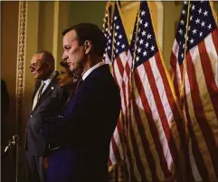  ?? Getty Images ?? Sen. Chris Murphy, D-Conn., listens at a news conference after a policy luncheon with Senate Democrats in the U.S. Capitol Building on June 14 in Washington, D.C.