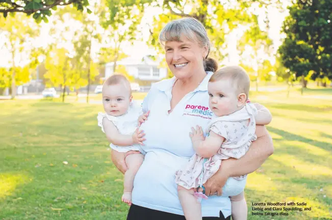  ?? ?? Loretta Woodford with Sadie Liebig and Clara Spaulding; and below takigna class