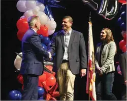  ?? ELIZA GREEN / THE CALIFORNIA­N ?? Speaker of the House Kevin McCarthy, left, shakes the hand of Rep. David Valadao, whose close election in November played a role in securing McCarthy’s victory in his bid for the speakershi­p.