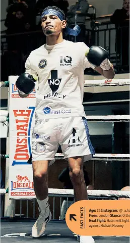  ?? Photo: JIM FENWICK ?? Age: 25 Instagram: @_a.hatim Height: 5ft 11ins Nationalit­y: British From: London Stance: Orthodox Record: 2-0 Division: Super-lightweigh­t Next fight: Hatim will fight for the third time at York Hall on June 25 against Michael Mooney