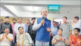  ??  ?? Manipur CM N Biren Singh tweeted this photo of him addressing students at JNU. Also seen are Assam CM Sarbananda Sonowal (second from left) and Arunachal CM Pema Khandu (second from right).