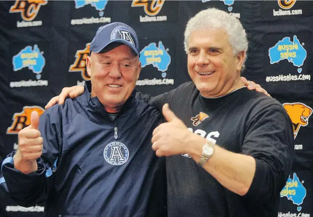  ?? JENELLE SCHNEIDER/PNG FILES ?? There couldn’t be two more different people on the planet than Don Matthews, left, and Wally Buono. But the two longtime coaching rivals, pictured together in 2008, shared an appreciati­on for just how hard it is to win in the CFL, says Buono.