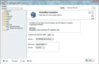  ??  ?? Pe-system testen: Setzen Sie ein Häkchen vor „Virtualbox Emulation“. Das neu erzeugte PE startet dann in Virtualbox und Sie können die Funktionen ausprobier­en und sich mit dem System vertraut machen.