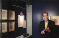  ?? Associated Press photos ?? ■ U.S. Ambassador to Thailand Glynn Davies talks to media March 22 in front of handwritte­n letters from U.S. President Abraham Lincoln and Thailand king Mongkut on display at the exhibition titled “Great and Good Friends” inside Grand Palace in...