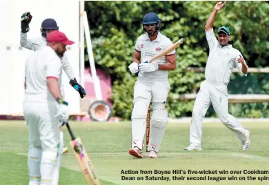  ?? ?? Action from Boyne Hill's five-wicket win over Cookham
Dean on Saturday, their second league win on the spin