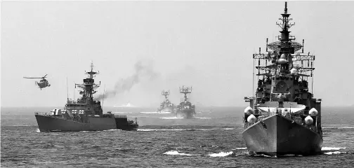  ?? PHOTO: PTI ?? File photo of Indian warships during manoeuvres. There have been slippages in maintainin­g — much less enhancing — force levels