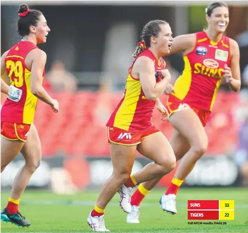  ??  ?? The Suns’ Kate Surman celebrates after she was one of four goal kickers in her team’s maiden AFLW victory on Saturday, against Richmond at Metricon Stadium.