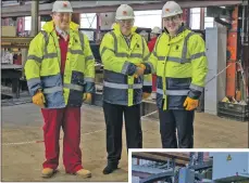  ??  ?? Martin Adam, left, operations director at BiFab, Sean Power, business developmen­t at DF Barnes, and Paul Wheelhouse, minister for energy, connectivi­ty and islands, welcome the contract award and, below, the yard was mothballed almost a year ago but has been given a new lease of life.