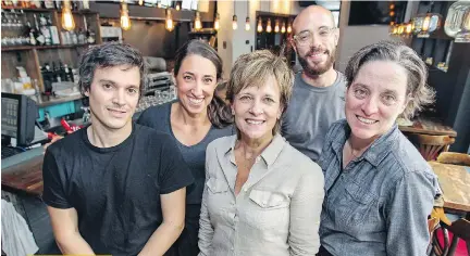  ?? PHOTOS: JOHN MAHONEY/MONTREAL GAZETTE ?? Chef Jean-Philippe Desjardins, left, and sous-chef Billy Galindo with owners Audrey Allard, Anne Grenier, centre, and Lucie Bouchard, right, at Albert bistro.