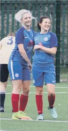  ??  ?? Goal provider Keir Perkins (left) and goalscorer Jess Driscoll celebrate.