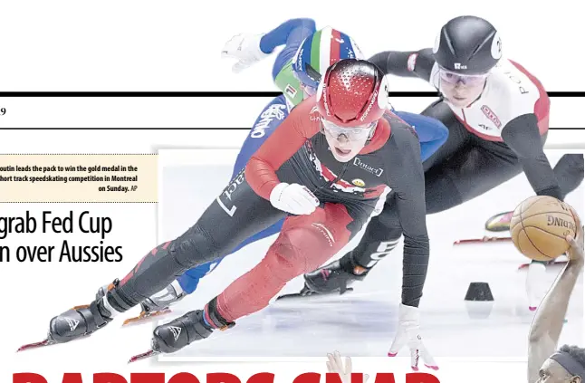  ?? AP ?? GOLF MEDAL RUN
Canada’s Kim Boutin leads the pack to win the gold medal in the women’s 500-meter final at the ISU World Cup short track speedskati­ng competitio­n in Montreal on Sunday.