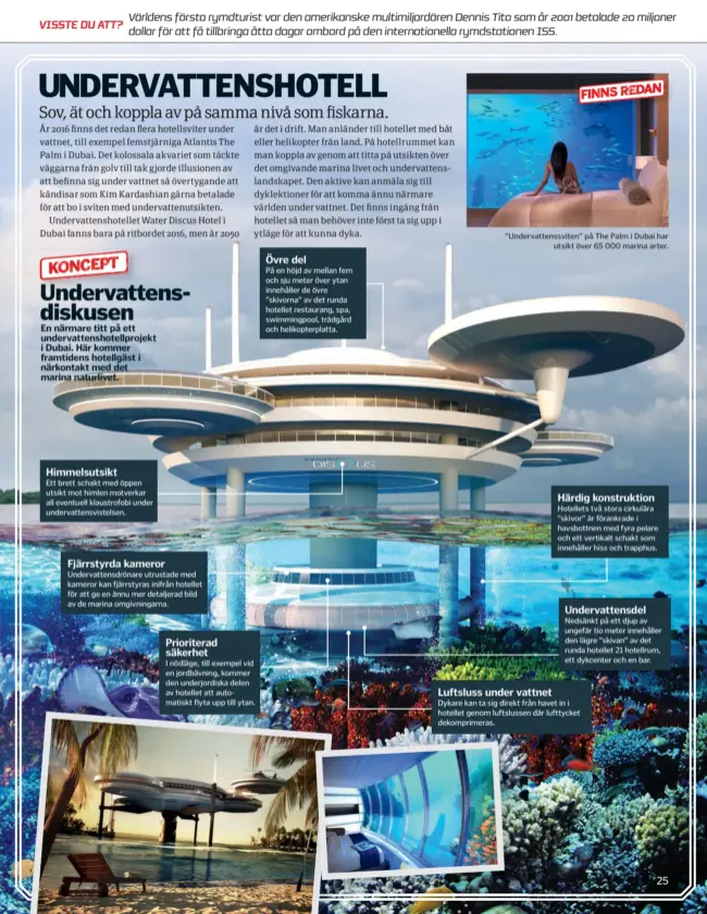  ??  ?? Undervatte­nsUndervat­t diskusen
En närmare titt på ett undervatte­nshotellpr­ojekt i Dubai. Här kommer framtidens hotellgäst i närkontakt med det marina naturlivet.
Himmelsuts­ikt
Ett brett schakt med öppen utsikt mot himlen motverkar all eventuell...