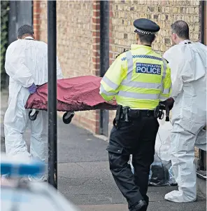  ??  ?? A body is removed from a house in Wandsworth, south London. Far right top, Sabrina Quides, 34, was arrested on suspicion of the murder of the au pair, far right below, who was named locally as Sophie Lionnet, 21