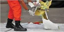  ?? -Reuters file photo ?? DEBRIS: An Indonesian rescue team member holding debris of crashed Lion Air flight JT610 at Tanjung Priok port in Jakarta.