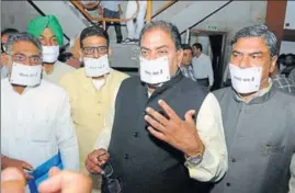  ?? HT PHOTO ?? Indian National Lok Dal MLAs wearing paper strips on their mouths as a mark of protest in the Haryana Vidhan Sabha on Wednesday.