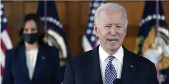  ?? AP file ?? ADDRESSING AMERICA’S WRONGS: President Biden speaks after meeting with leaders from Georgia’s Asian-American and Pacific Islander community on Friday at Emory University in Atlanta, as Vice President Kamala Harris listens.