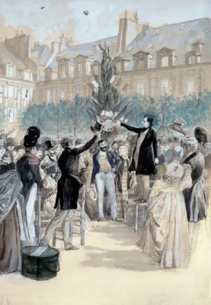  ??  ?? Victor Hugo plante l'arbre de la Liberté sur la place Royale en 1848, aquarelle d’Hermann Vogel (1856-1918).
Le 2 mars 1848, Hugo, acclamé, déclarait : « […] La liberté a ses racines dans le coeur du peuple, comme l’arbre dans le coeur de la terre. »