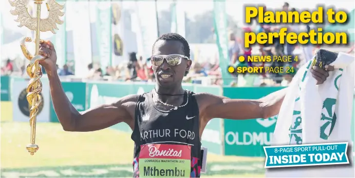  ?? Picture: Gallo Images ?? Bongmusa Mthembu claimed his second Comrades Marathon title yesterday, winning the up run in a time of 5:35:34. Zimbabwean Hatiwande Nyamande was second, while defending up-run champion Gift Kelehe was third.