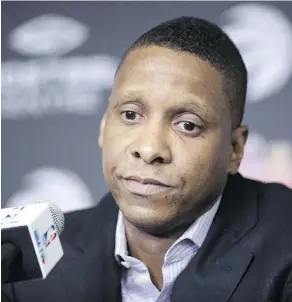  ?? CHRIS YOUNG/THE CANADIAN PRESS ?? Toronto Raptors president Masai Ujiri was quiet and close to tears on occasion when explaining his decision to fire head coach Dwane Casey after the best five years in franchise history.