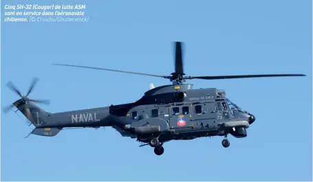  ??  ?? Cinq SH-32 (Cougar) de lutte ASM sont en service dans l’aéronavale chilienne. (© Erlucho/shuttersto­ck)