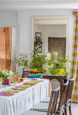  ??  ?? DINING ROOM Place settings bring a pop of bright colour to a fresh white scheme.
Seat cushions in Large Ovals, £109.20m, Hugh St Clair for Sophie Grattan Bellew Interiors. Curtains in Broad Stripe Chinese Yellow, £90m, Volga Linen