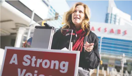  ?? PHOTOS: DAX MELMER / POSTMEDIA NEWS ?? Liberal candidate for Windsor West, Sandra Pupatello, holds a press conference outside Caesars Windsor, where she
announced her commitment to single-sports betting if elected. The promise is not present in the Liberal platform.