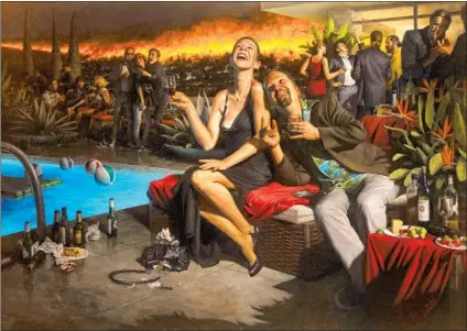  ??  ?? CARL DOBSKY’S “Birds of Paradise,” 2016, portrays an apocalypti­c, fall-of-Rome style hilltop pool party with wealthy revelers.