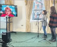  ?? ?? Irish Ambassador to the United Nations, Geraldine Bryne Nason (on screen), being interviewe­d by host of the Sustainabl­e Sleepover Club, Amy O’Brien (2nd right) along with Anna Keyes (right), Sustainabl­e Sleepover Club member, during the recent podcast event.