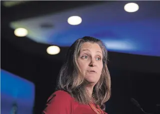  ?? JUSTIN TANG THE CANADIAN PRESS ?? Minister of Foreign Affairs Chrystia Freeland delivers an address at the Triennial Congress of Ukrainian Canadians in Ottawa on Friday.