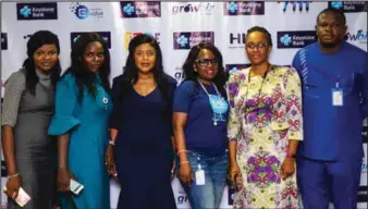  ??  ?? L-R: Winners, Ogochukwu Emenike; CEO of Havila Resources, Okafor Ezendu Victoria; Head CSR & Sustainabi­lity, Keystone Bank Limited, Izore Bamawo; CEO of Dax Mega Concept/Winner, Unachukwu Nkolika; Head, MSME & Value Chain Management, Keystone Bank Limited, Helen Nwelle, and Pascal Nebeolisa of the National Lottery Regulatory Commission, at the raffle draw event to select winners of the Keystone Bank’s ‘Growbiz Account Save and Win’ promo held in Lagos...Friday