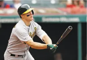  ?? Tony Dejak / Associated Press ?? A’s catcher Nick Hundley watches the flight of the ball after hitting a run-scoring double off Cleveland relief pitcher Tyler Clippard in the seventh inning. Hundley also had a solo home run and a single in his first three-hit game of the season.