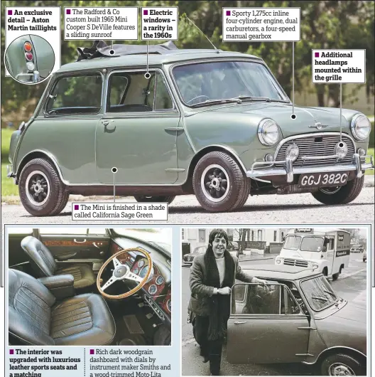  ??  ?? ■ The interior was upgraded with luxurious leather sports seats and a matching central armrest.■ Rich dark woodgrain dashboard with dials by instrument maker Smiths and a wood-trimmed Moto-Lita three-spoke steering wheel On the road: Paul McCartney with his Mini Cooper in December 1967