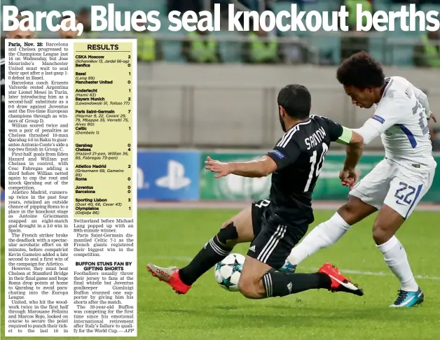  ?? — AP ?? Chelsea’s Willian ( right) scores past Rashad Ferhad Sadygov of Qarabag in their Champions League Group C match at the Baku Olympic Stadium in Azerbaijan on Wednesday. Blues won 4- 0.