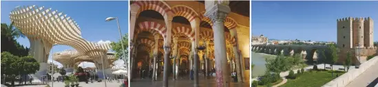  ??  ?? L E F T The Metropol Parasol in Seville. MIDDLE The interior of Cordoba’s Cathedral built around an old mosque. RIGHT The old Roman bridge spanning the Guadalquiv­ir river in Cordoba