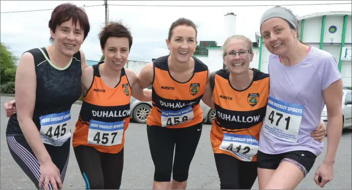  ??  ?? Preparting for the off in the Jack O’Keeffe Road Race in Boherbue were Maura O’Keeffe(Millstreet AC), Noelle Foley, Lisa Quirke, Noreen O’Rahilly and Julie Anne Buckley(Duhalllow AC). Picture John Tarrant