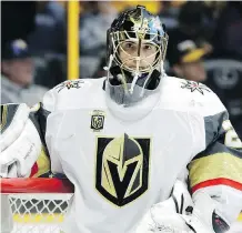  ?? MARK HUMPHREY/THE ASSOCIATED PRESS ?? Vegas goalie Marc-Andre Fleury has carried the hot hand in the expansion team’s Stanley Cup drive.