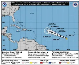  ?? NHC ?? Tropical Storm Wilfred, the final name on the National Hurricane Center’s alphabetic­al list, has formed in the Atlantic Ocean, but poses no threat to the United States.