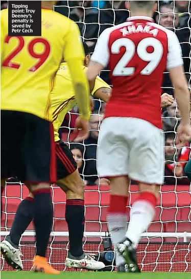  ??  ?? Tipping point: Troy Deeney’s penalty is saved by Petr Cech