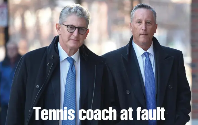  ?? FAITH NINIVAGGI / HERALD STAFF ?? OUT OF BOUNDS: Accompanie­d by a lawyer, former head of a private, elite tennis academy in Texas, Martin Fox, right, arrives at Moakley Federal Courthouse to change his plea to guilty in the college admissions scandal on Friday.