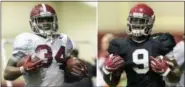  ?? VASHA HUNT — AL.COM VIA AP, FILE ?? At left, in a file photo, Alabama running back Damien Harris (34) works through drills during an NCAA college football practice in Tuscaloosa, Ala. At right, in a file photo, Alabama running back Bo Scarbrough (9) works through drills during practice...