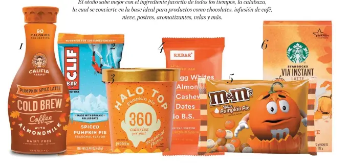  ??  ?? 1. CALIFIA Café con leche de almendras | 2. CLIF BAR Pay de calabaza | 3. HALO TOP Nieve de pay de calabaza | 4. RXBAR Barra de proteína 5. M&M’S Mini chocolates sabor pay de calabaza | 6. STARBUCKS Café latte instantáne­o