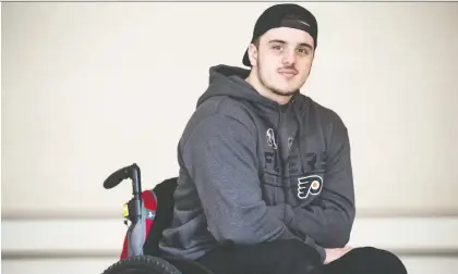  ?? MATT ROURKE/THE CANADIAN PRESS/THE ASSOCIATED PRESS ?? Ryan Straschnit­zki, paralyzed in April 2018 in the Humboldt Broncos bus crash hopes an epidural stimulator implanted in his spine will help improve his daily life. He departs for Thailand on Saturday to get the surgery done.