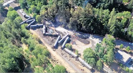  ?? Washington State Department of Ecology ?? SIXTEEN of a Union Pacific train’s 96 tank cars derailed near Mosier, Ore., and four of them caught fire. Officials are unsure how much oil spilled into the Columbia River, but said there was no immediate sign of harm to wildlife. Union Pacific...