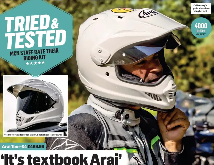  ?? ?? Visor offers widescreen vision. Shell shape is pure Arai
It’s Neevesy’s go-to adventure riding helmet
ON TEST