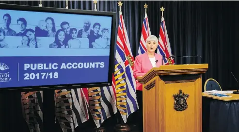  ?? DON CRAIG / PROVINCE OF BRITISH COLUMBIA ?? Finance Minister Carole James released public accounts for 2017-18 on Tuesday, confirming a budget surplus due to higher-than-expected revenue derived from the housing market.