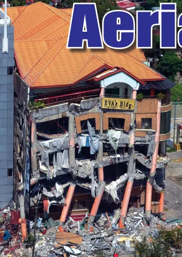  ?? BING GONZALES ?? FAÇADE of Eva’s Hotel in Kidapawan City as seen during an aerial survey conducted by the Philippine Coast Guard Aviation Force together with the Office of Civil Defense in affected areas Saturday.