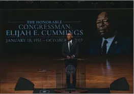  ?? JUSTIN T. GELLERSON — THE NEW YORK TIMES ?? Former President Barack Obama spoke at the funeral of Rep. Elijah Cummings, D-Md., in Baltimore on Friday, stating: “There’s nothing weak about kindness and compassion. There’s nothing weak about looking out for others. There’s nothing weak about being honorable. You’re not a sucker to have integrity and to treat others with respect.”