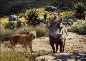  ?? DISNEY VIA AP ?? This image released by Disney shows, from left, young Simba, voiced by JD McCrary, Timon, voiced by Billy Eichner, and Pumbaa, voiced by Seth Rogen, in a scene from “The Lion King.”